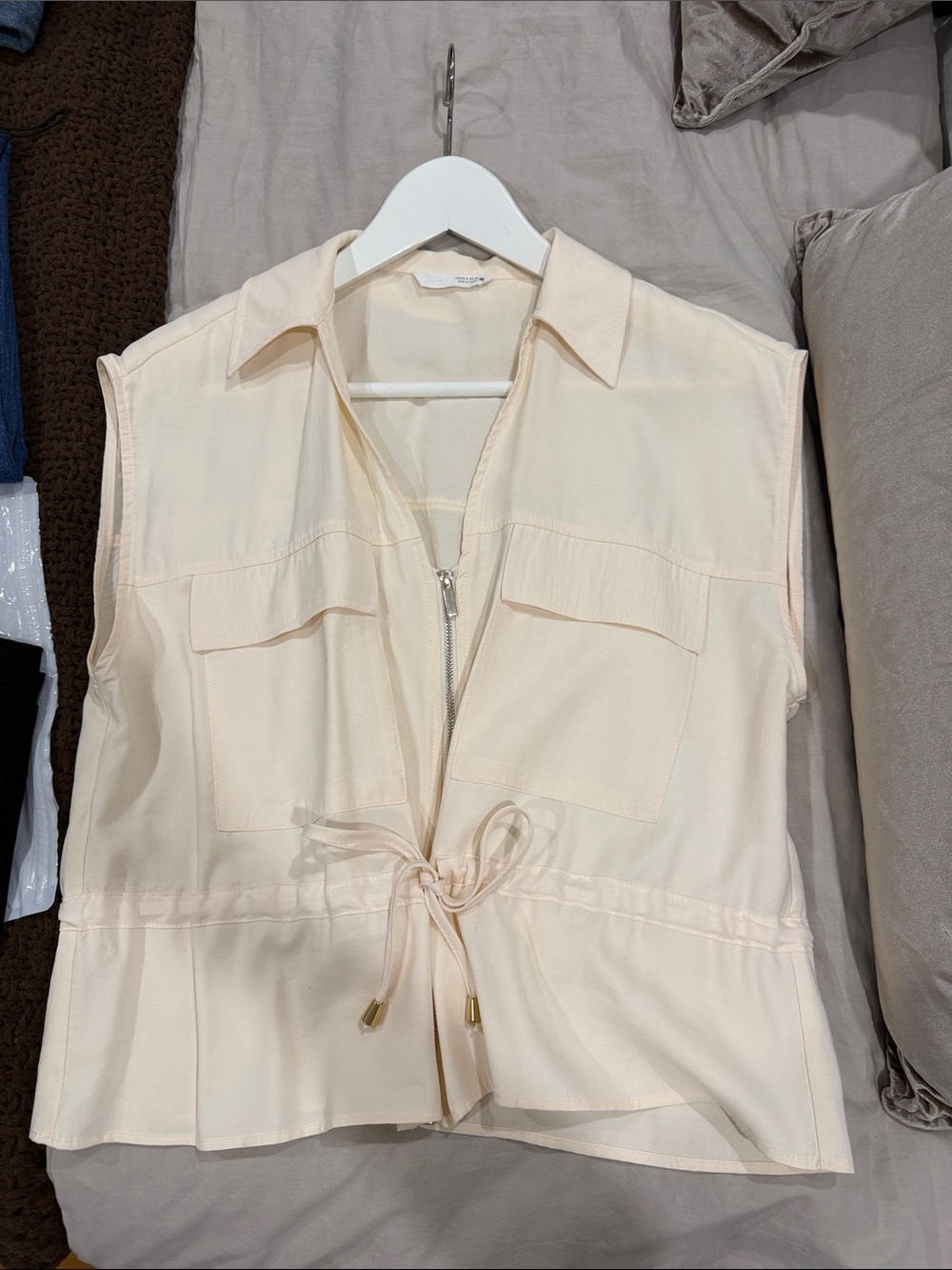 Zara Light Cream Sleeveless Drawstring Utility Top